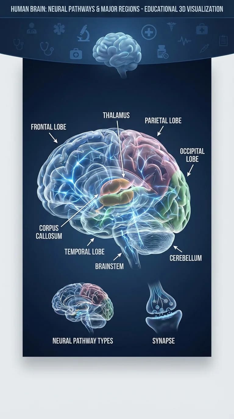 3D anatomy illustration of brain with neural pathways highlighted
