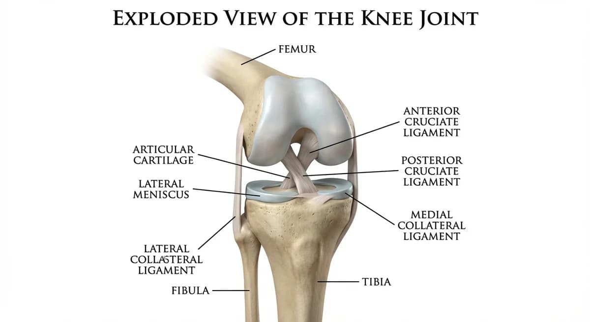 3D anatomy illustration of knee joint in exploded view