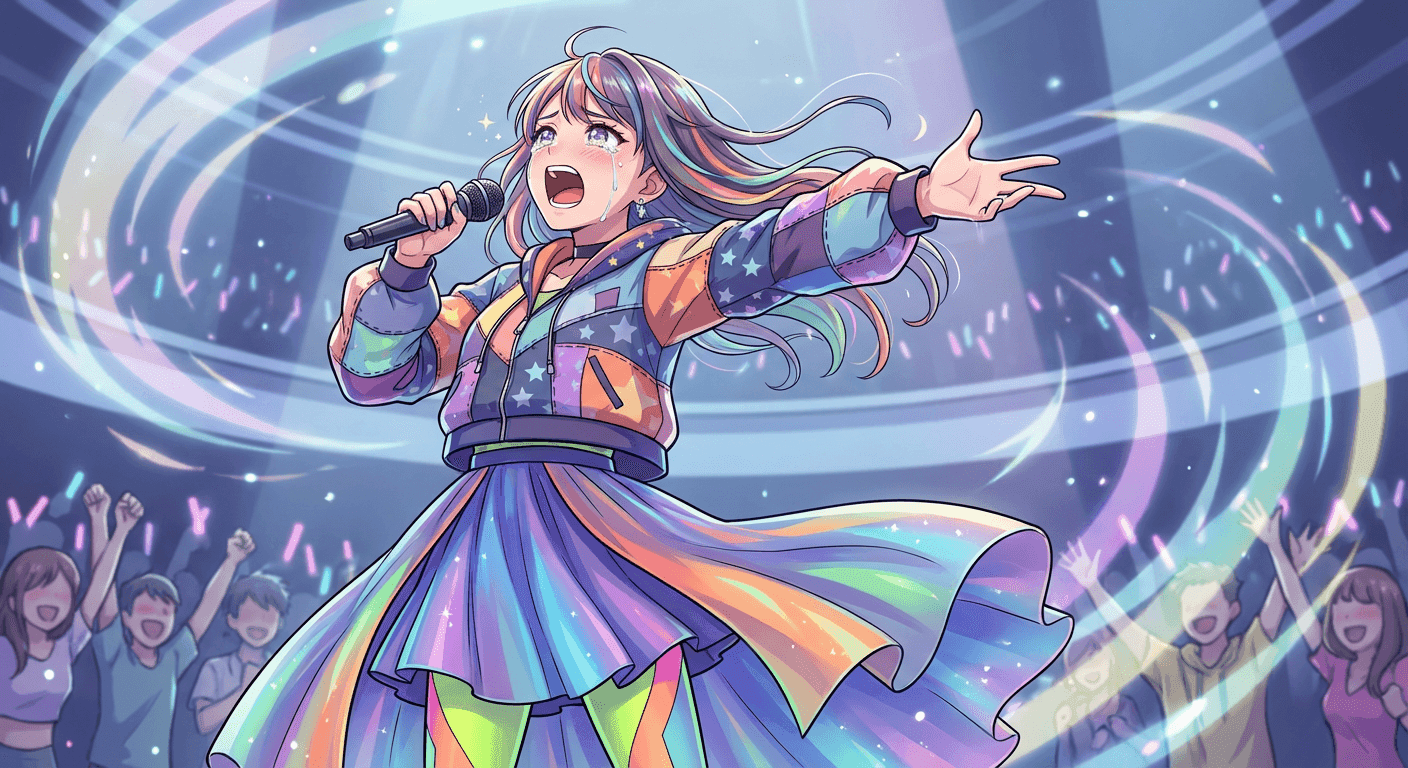 Illustrated anime singer character with vibrant colors