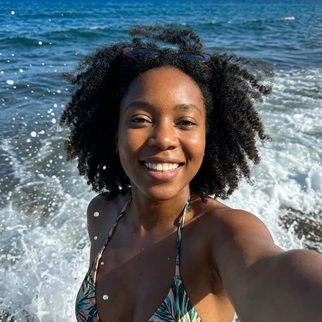 Beach selfie AI generator example with dynamic ocean waves