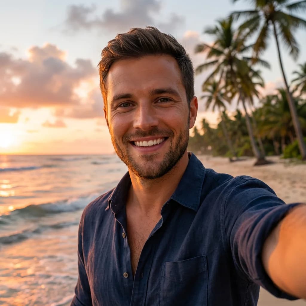 AI generated sunset beach selfie with warm golden lighting