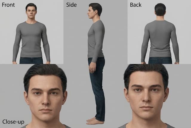 3D character turnaround with orthographic views for modeling reference