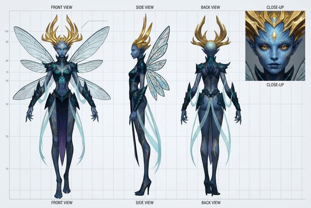 Concept art character turnaround sheet with multiple angles and close-up details