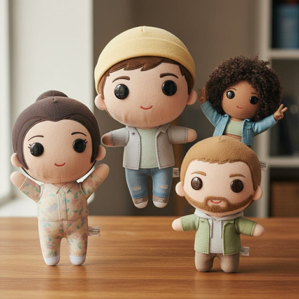 Chibi plush transformation - Group photo transformed into chibi plush collection with character consistency