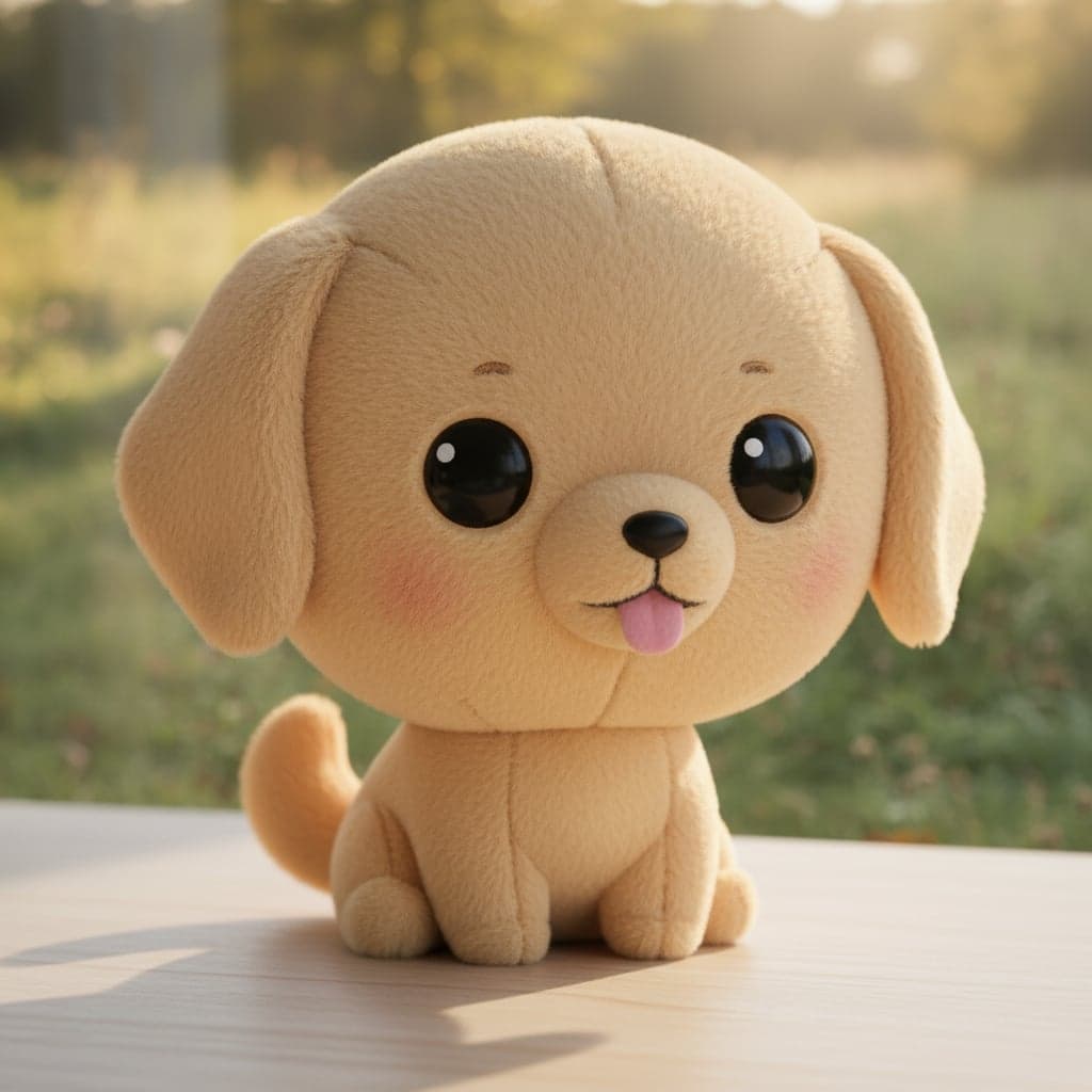Chibi plush transformation - Dog portrait transformed into chibi plush with realistic stitching and stuffing
