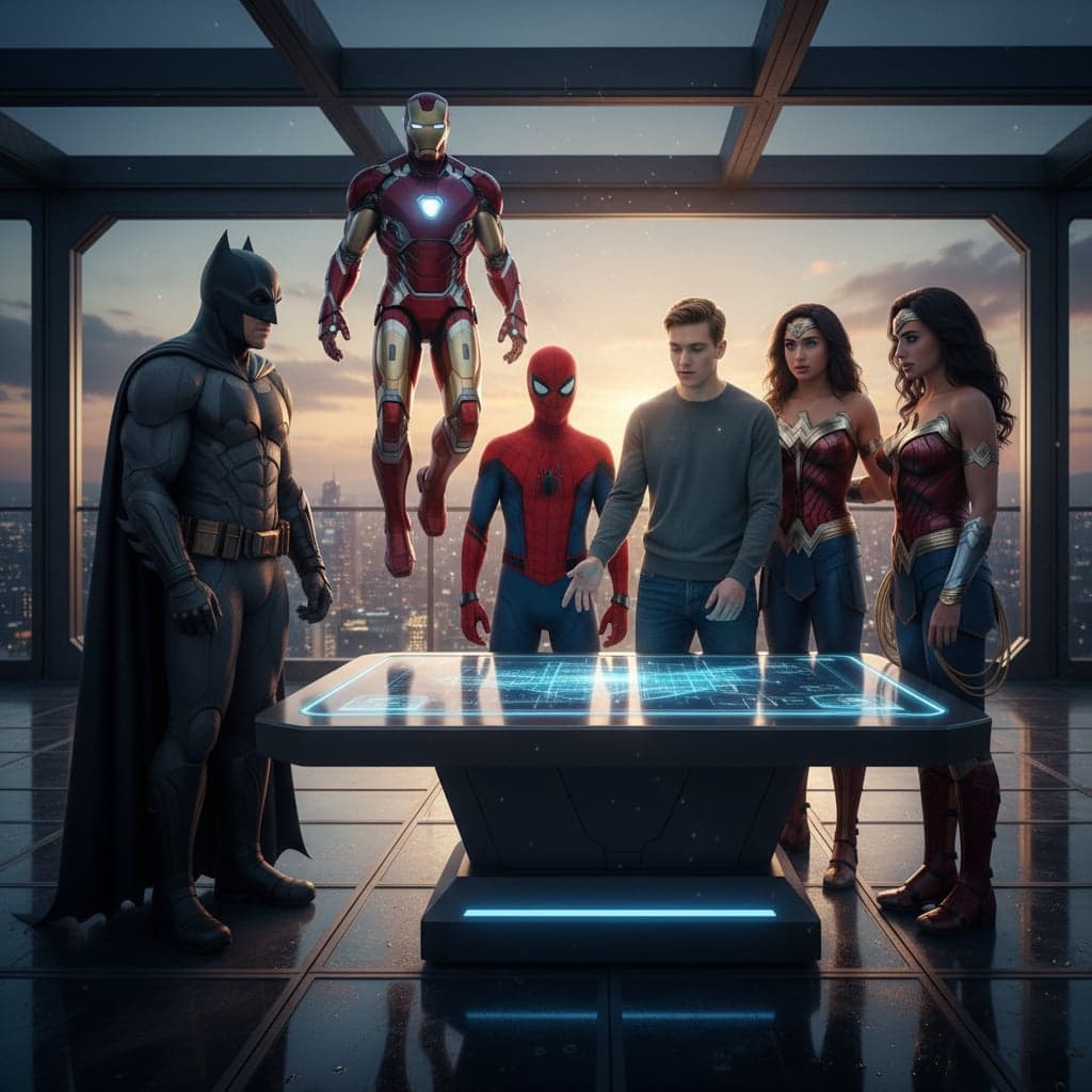 Superhero Team Meetup example - cinematic scene with famous characters