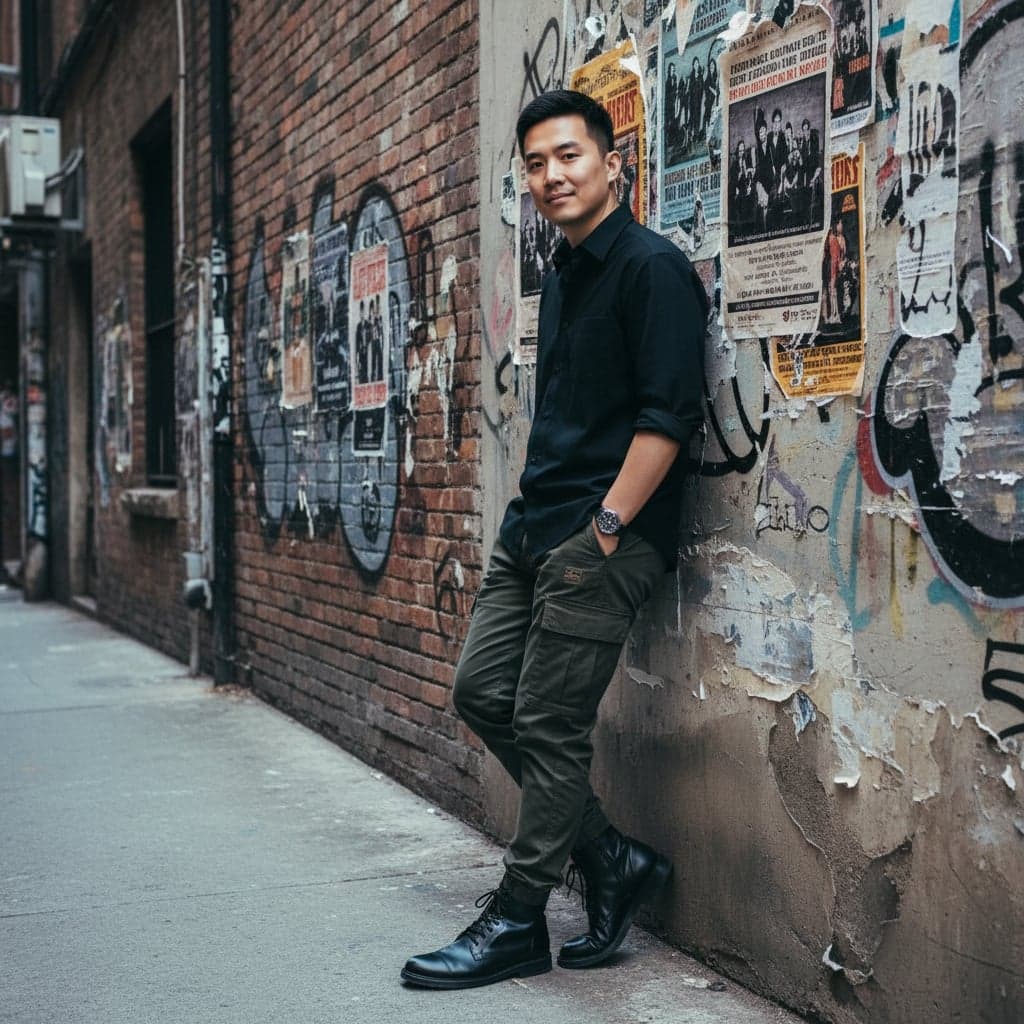 Urban Street style preview - HD cinematic photo in narrow urban alley with vintage posters and rustic walls