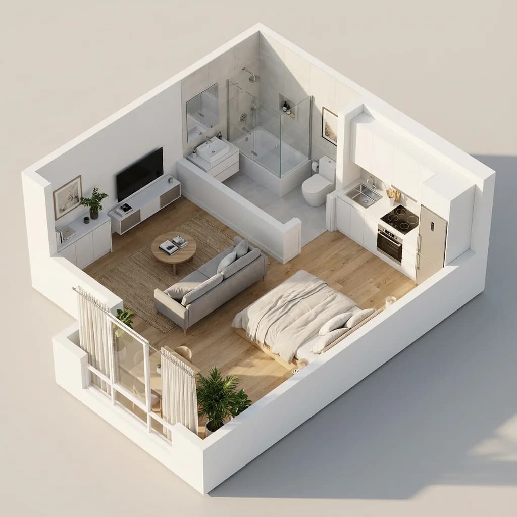 Studio Apartment - Modern Minimalist style floor plan rendering
