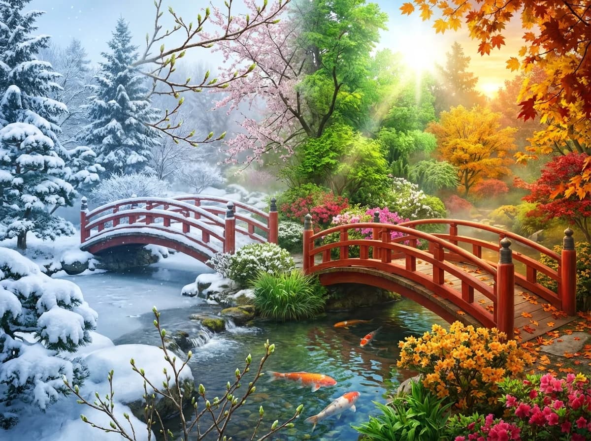 Japanese Garden - Four seasons art showing seasonal transitions