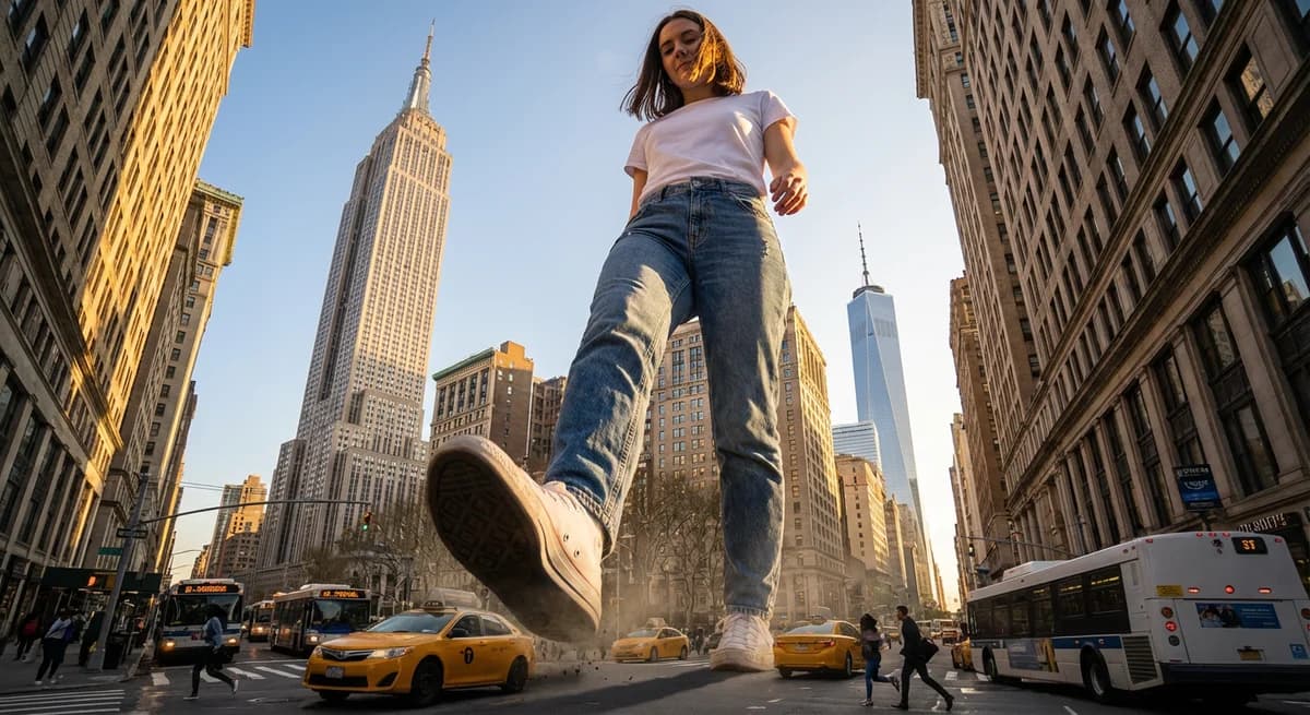 Giant person walking through New York City