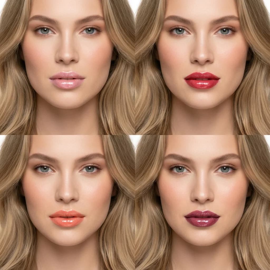 Glossy lips AI generated example showing 2x2 grid with pink glossy lips variations