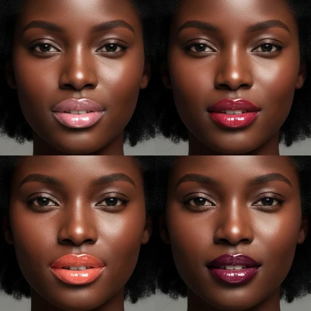Glossy lips AI generated example showing 2x2 grid with plum glossy lips variations