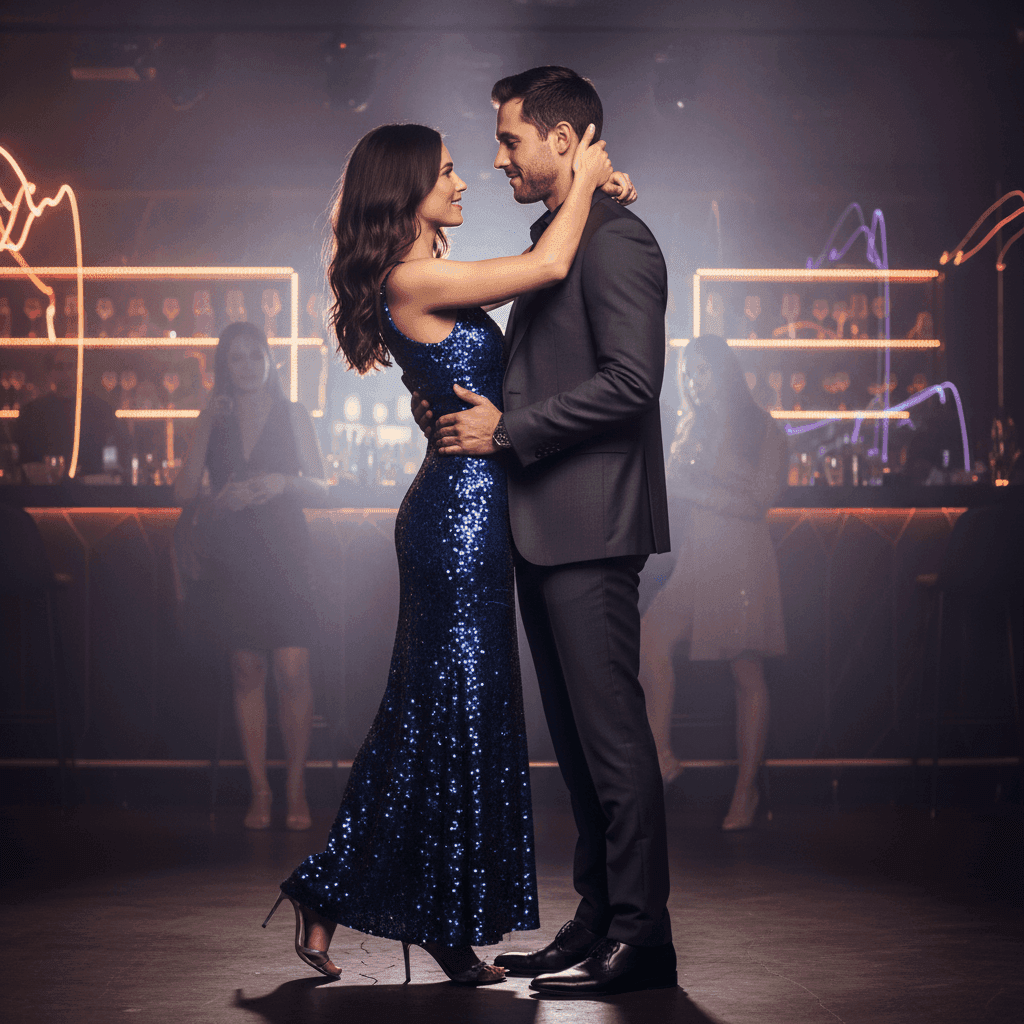 Couple in intimate nightclub setting with warm glow