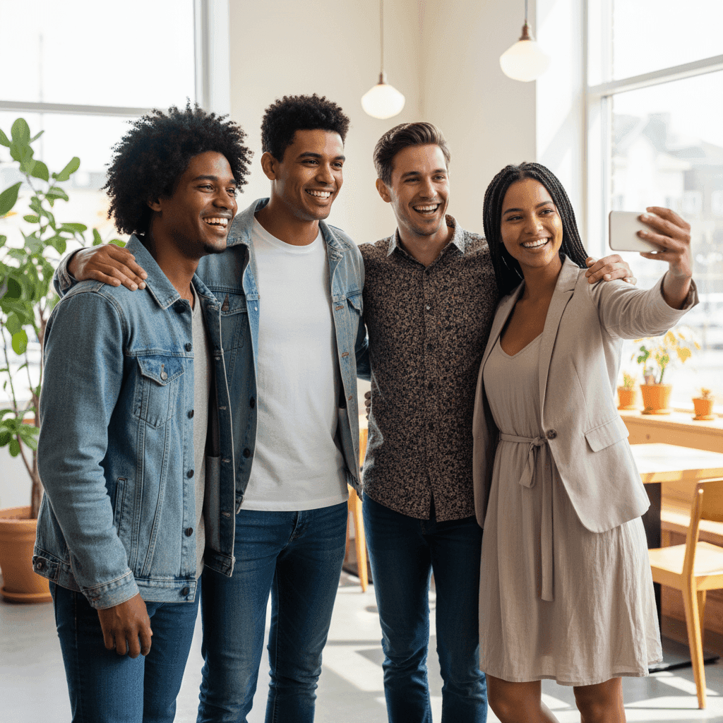 Group of four in glamorous nightclub setting with dramatic lighting