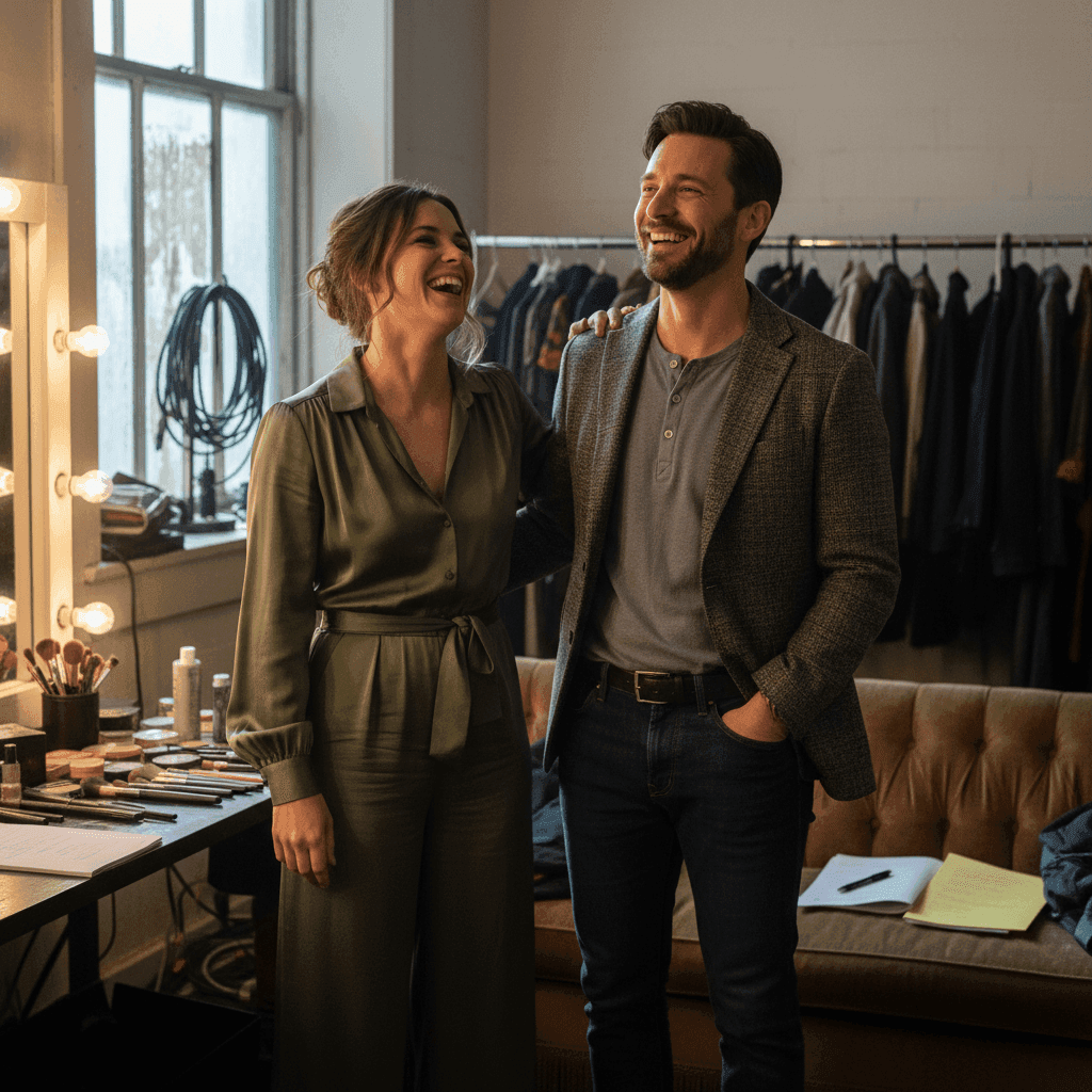 Two actors in dressing room with theatrical spotlight