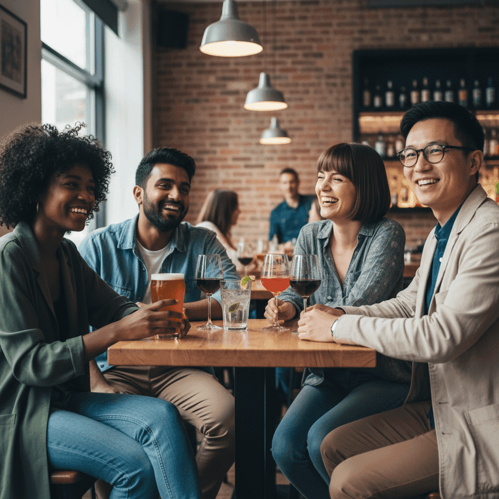 Four friends at bar with film noir shadow patterns