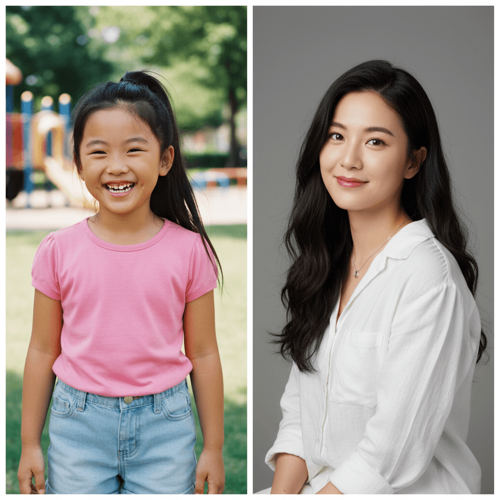 Two separate photos - childhood photo and current photo side by side