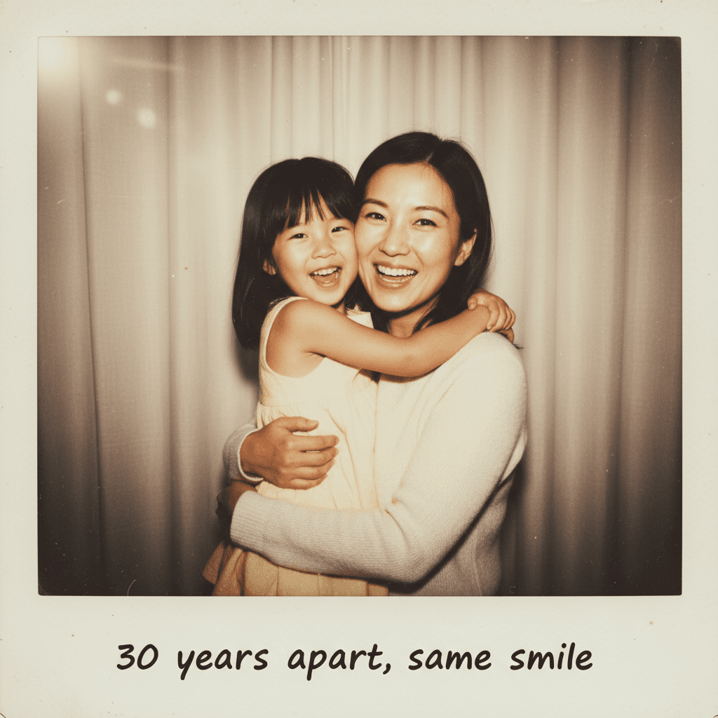 Adult woman hugging her childhood self - Polaroid memory