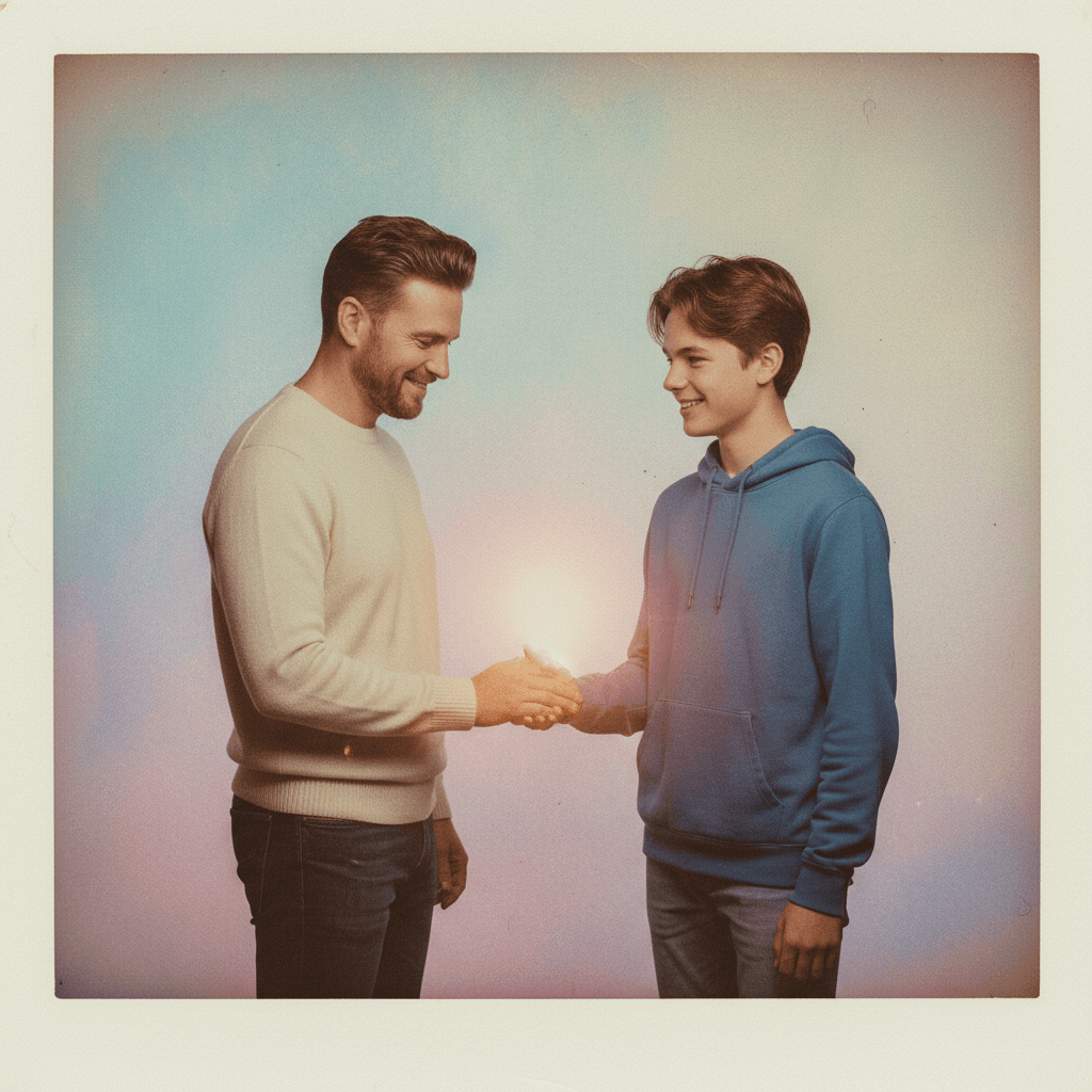 Man with his teenage self - nostalgic Polaroid