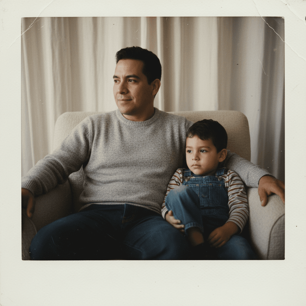 Adult sitting with childhood self - emotional Polaroid