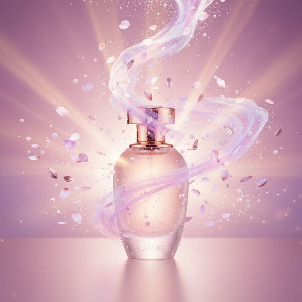 Product Hero Shot - Perfume product transformed into hero shot with soft glow and floral atmospheric elements