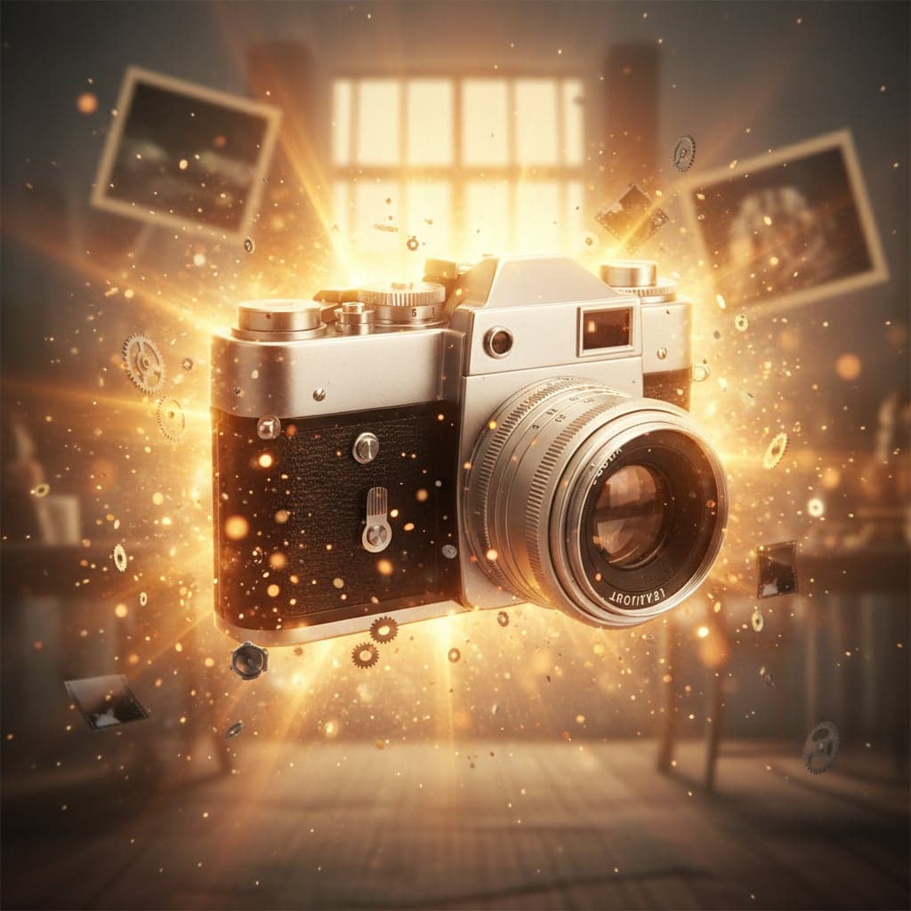 Product Hero Shot - Camera product transformed into hero shot with nostalgic atmospheric effects