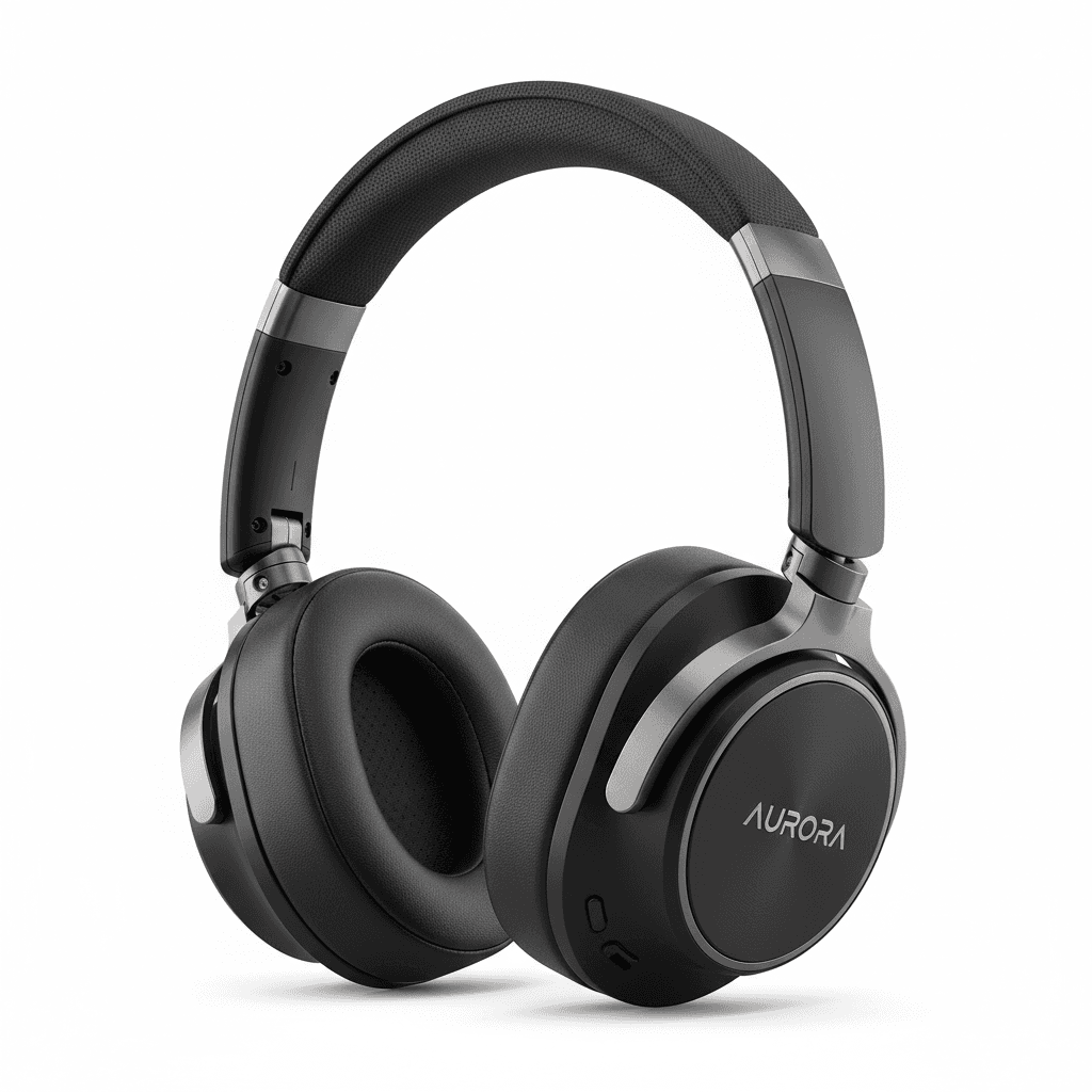 Product photo of wireless headphones transformed into cinematic hero shot with tech-themed atmospheric effects