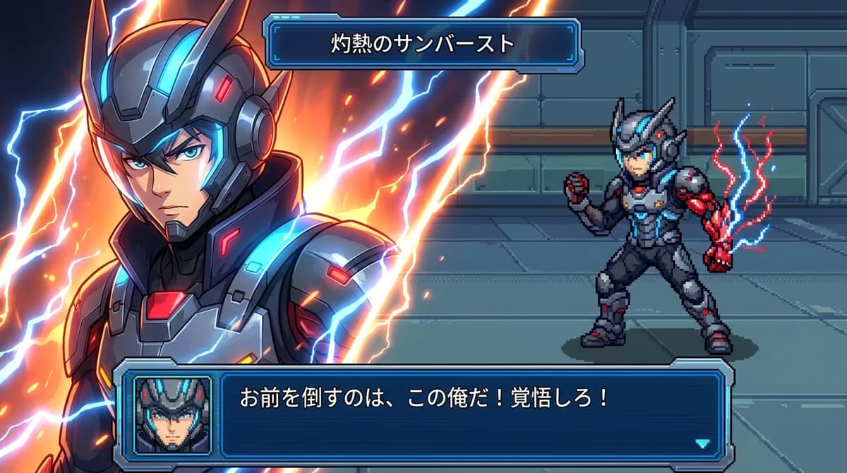 SRW battle scene generator example with mecha pilot character - SD pixel sprite and energy cut-in