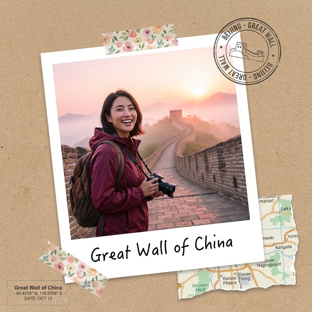 AI-generated tourist selfie at Great Wall of China, photobook format, dawn light