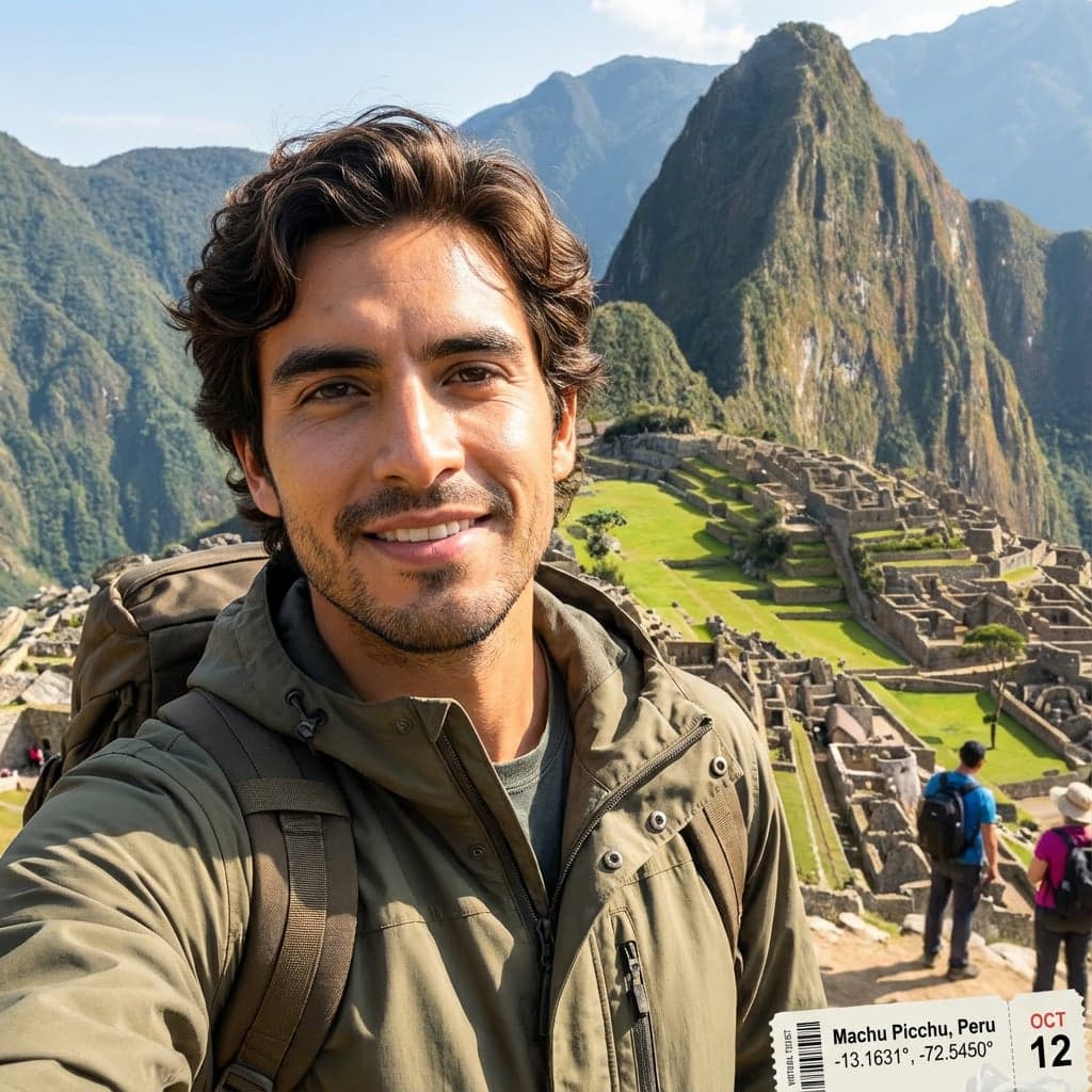 Tourist selfie maker output at Machu Picchu with check-in watermark, daylight