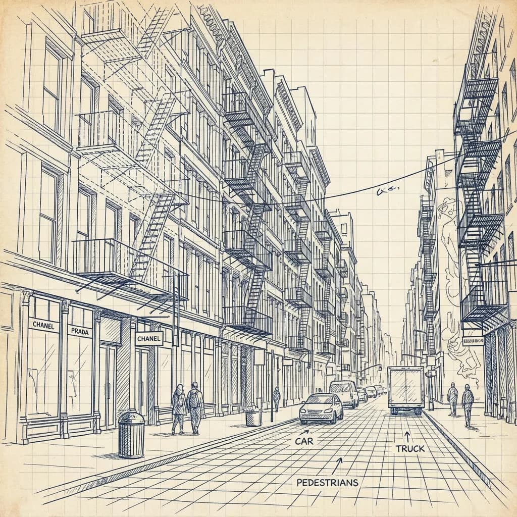 Urban sketch of New York SoHo in architectural line drawing