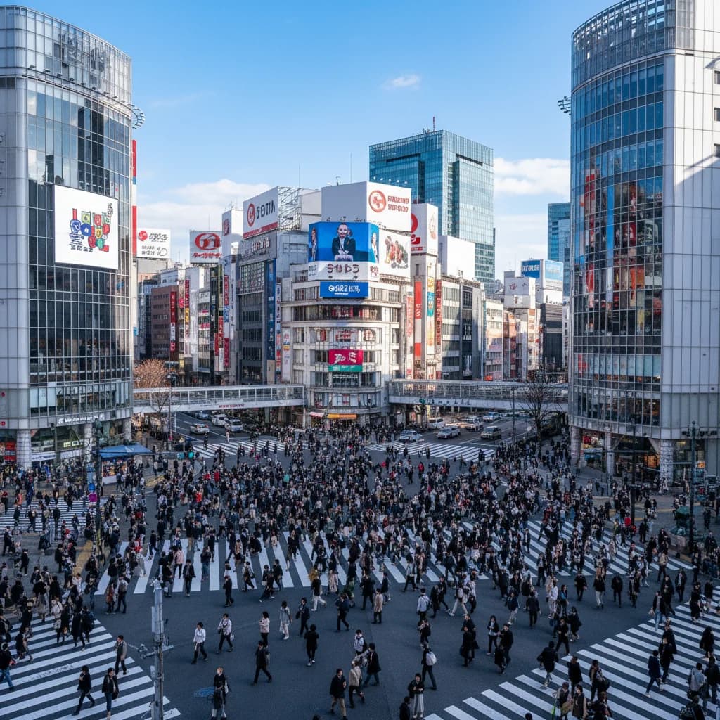 Street photo of Tokyo Shibuya crossing with buildings