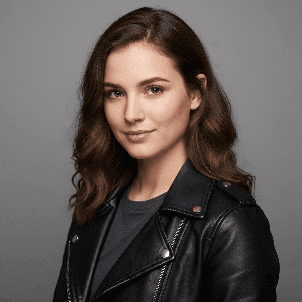 Y2K night flash portrait of woman in leather jacket - before