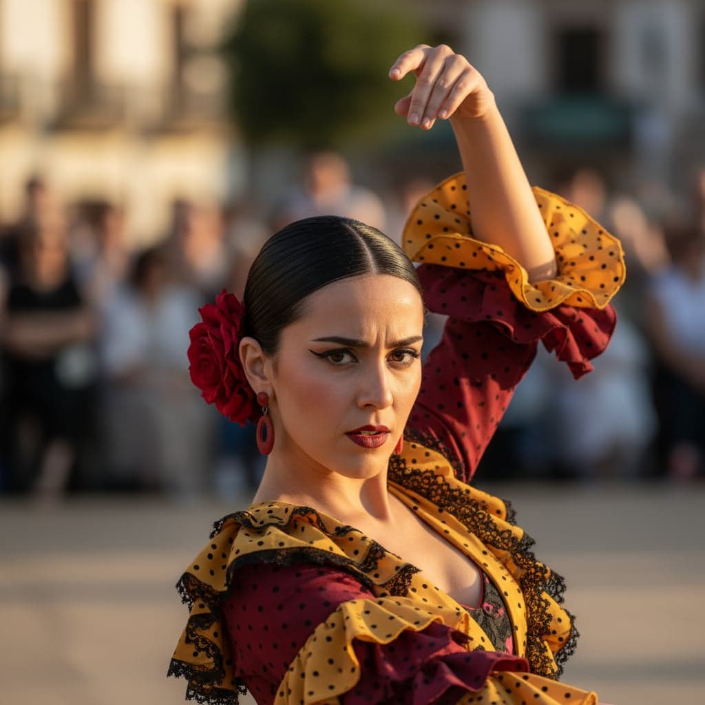 Close-up of female flamenco dancer with red rose