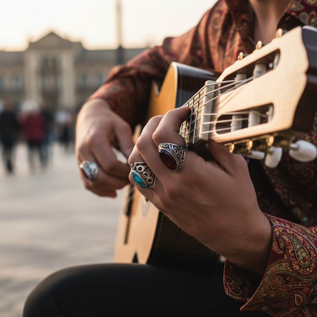 Guitarist hands with ornate rings on guitar strings