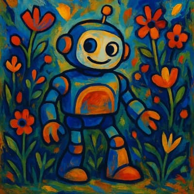 AI generated abstract art style artwork showing a friendly robot in a garden - Free text to image generator result