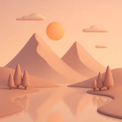 AI generated minimalist 3d style artwork showing a serene mountain landscape at sunset - Free text to image generator result