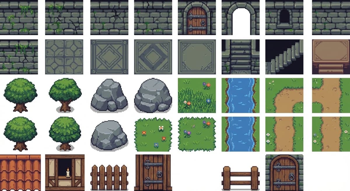 Environment tiles sample - dungeon, nature, buildings
