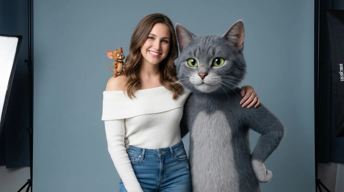 Hyper-realistic photo posing with Tom and Jerry cartoon characters