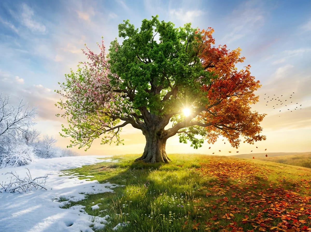 Four seasons art showing a solitary tree transitioning through winter, spring, summer, and autumn