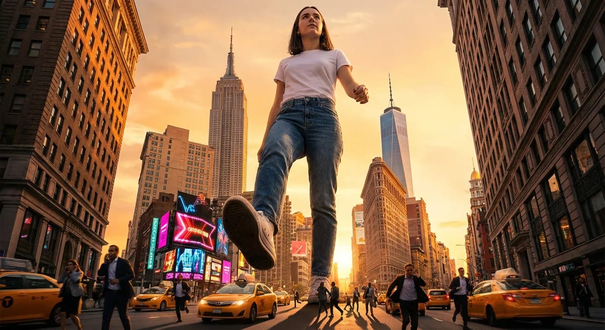 Giant person walking through New York City - AI generated scale effect photo
