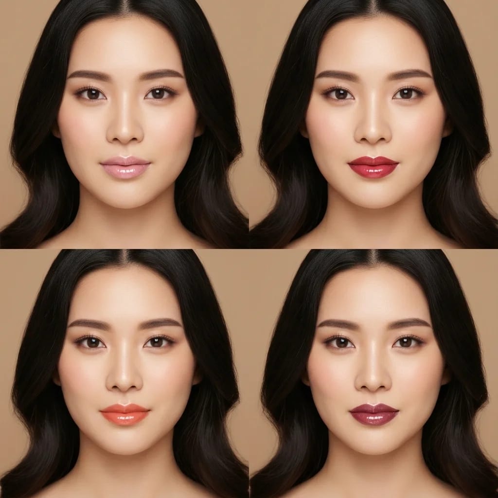 2x2 grid of glossy lip variations generated by AI