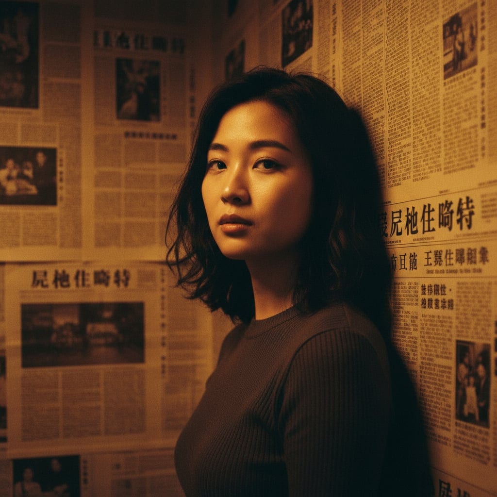 Transformed into 90s HK cinema aesthetic with newspaper wall and tungsten glow