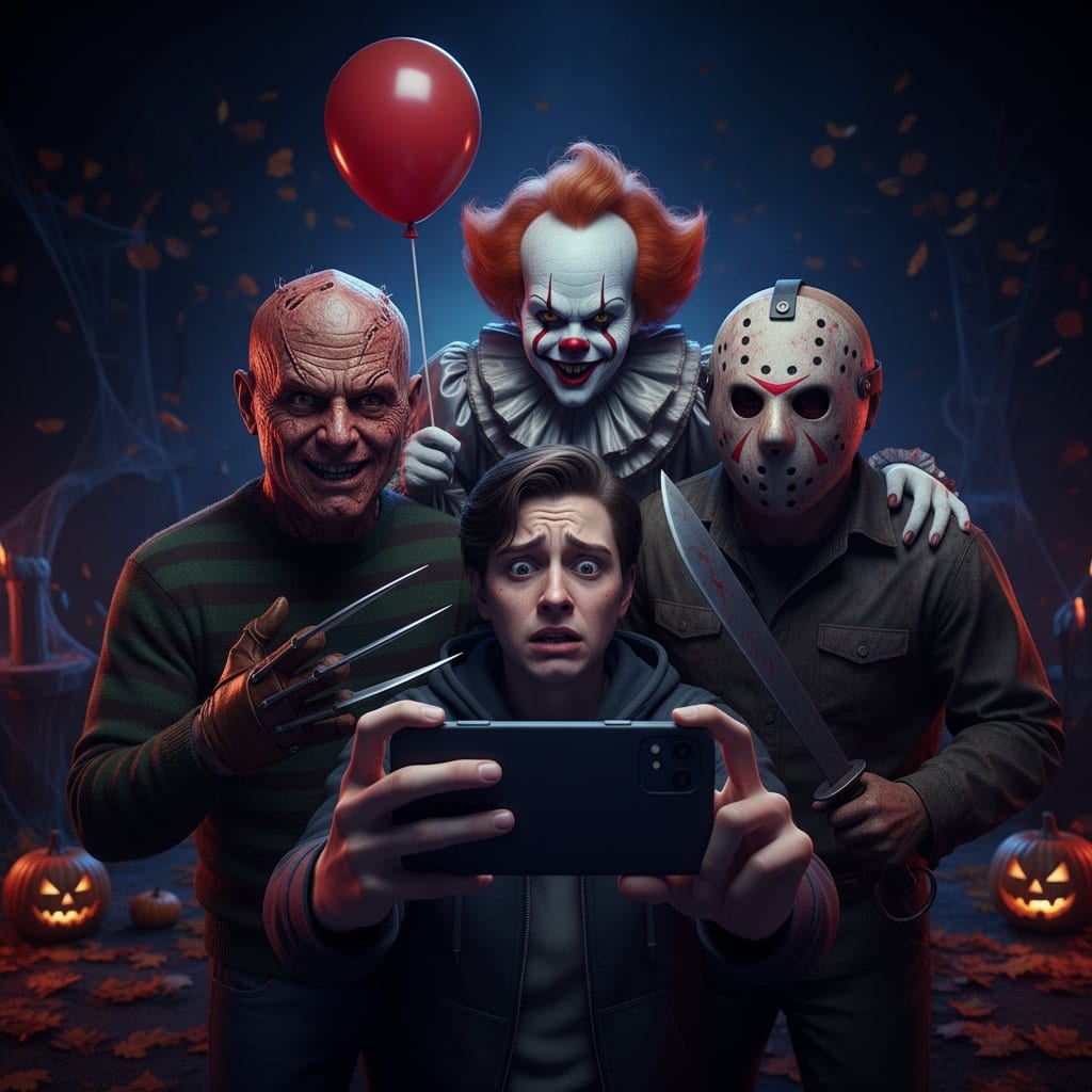 AI-generated horror movie group selfie with Freddy, Jason, and Pennywise