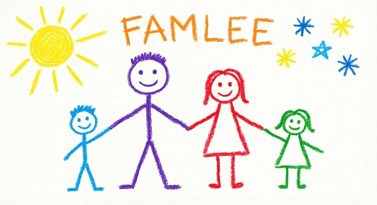 Happy family transformed into kids drawing style with wobbly crayon lines, bright colors, and playful margin doodles