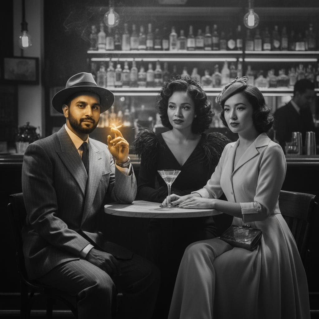 Film noir transformation - dramatic Old Hollywood group portrait with 1940s glamour lighting