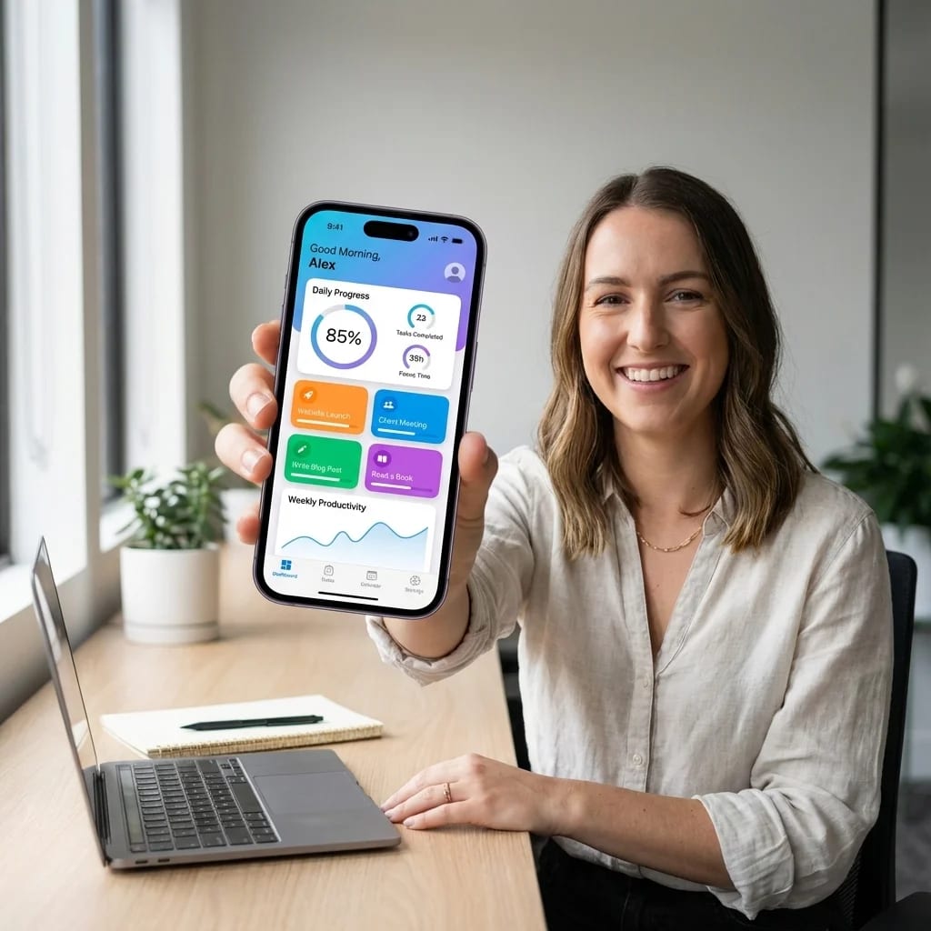 Hand holding phone mockup example showing person holding smartphone with app screen