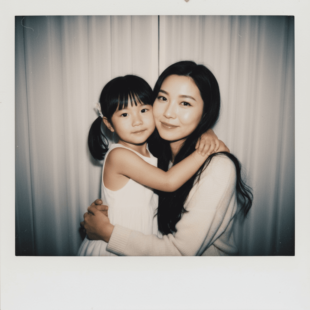 Polaroid photo of adult hugging their younger self - AI generated memory