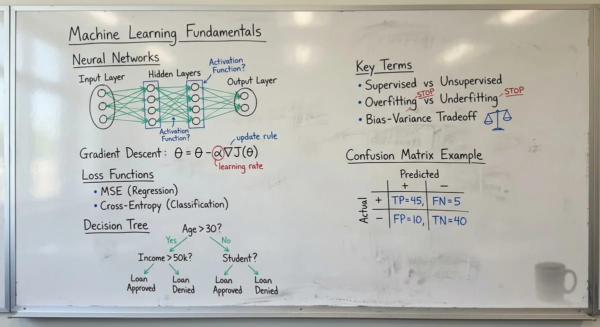 AI-generated whiteboard notes showing professor-style handwriting with academic color hierarchy