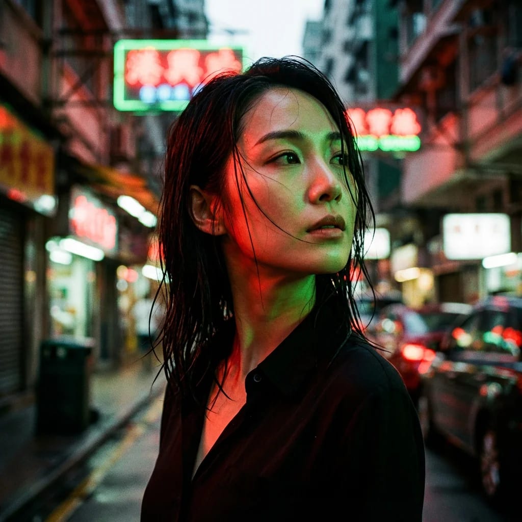 Wong Kar-wai style cinematic portrait with neon lighting
